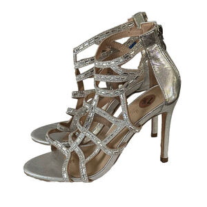 Nicole Miller Snazy Silver Metallic Rhinestones Sandals Heels Strappy 7.5 Formal